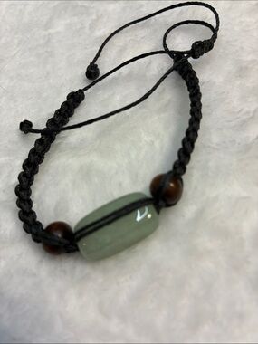 Adjustable Black Cord Bracelet with Green Stone Bead